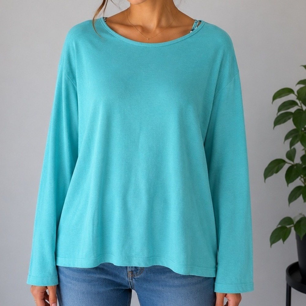 Talbots Pima Cotton Long Sleeve Tee XL Aqua Blue Soft Casual Preppy Basic Top